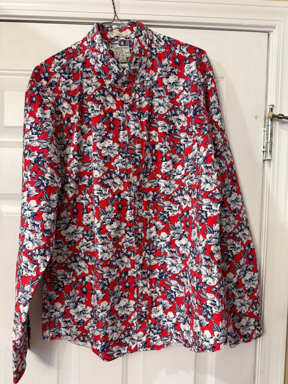 Men’s J Crew size Large slim long sleeve red floral shirt.